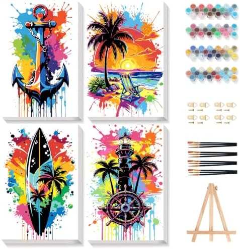 Gemozaic 4-Pack Beach Paint by Numbers Kit for Adults with Frame & Easel