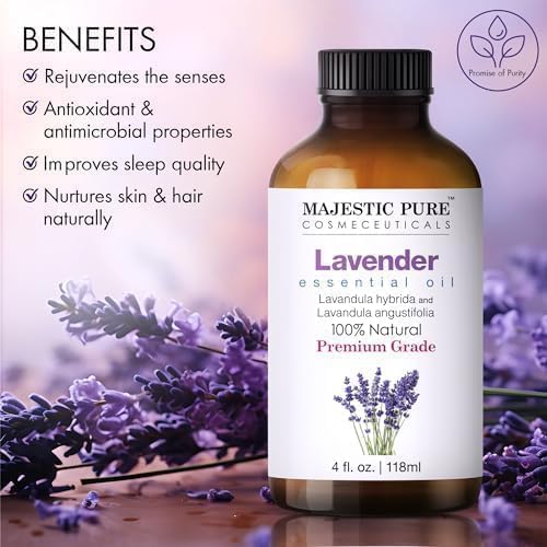 Majestic Pure Lavender Essential Oil for Diffuser - 4 Fl Oz | 100% Natural Essentials Oils for Aromatherapy, Soap and Candle Making Fragrance, Massage and Skin, Lavender Oil