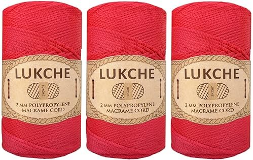 Polyester Macrame Cord 2mm x 251 Yards, 100% Polypropylene Premium Macrame Rope, Colorful Yarn Crochet Macrame Bag Craft for Wall Hangers, Bags, Bottom Plates, Carpets (Red, 3 Skein)