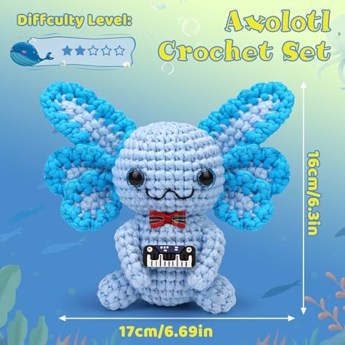 Pnytty Crochet Kit for Beginners, Blue Axolotl Crochet Starters Kit