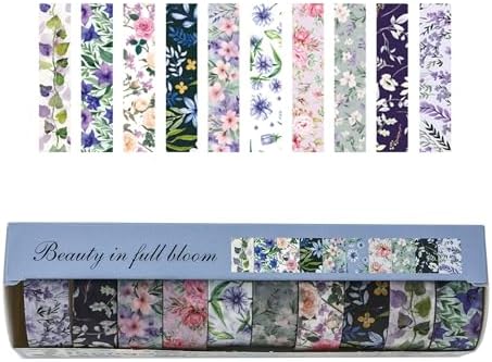 10 Rolls Blooming Flowers Washi Tape Set Floral Arts Adhesive Tapes Colorful Garden Decorative Masking Tape Sets for Craft, Kids, Scrapbook, DIY, Gift Wrapping (4-Purple)