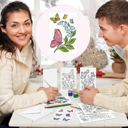 Gueevin 24pcs Butterfly Coloring Greeting Cards with Envelopes and Stickers Butterfly Color Your Own Postcards 4 x 6 Flower Thank You Note Cards for Adults Wedding Birthday Gifting DIY Crafts Mailing