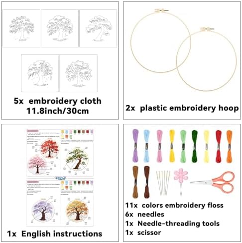 ORIGACH 5 Pcs Seasonal Tree Embroidery Kit for Beginners, Stamped Design Embroidery Starter Kit Includes Cloth, Hoops, Threads & Needles