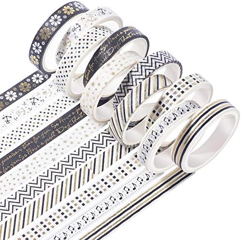 YUBBAEX 10 Rolls Sparkling Washi Tape Set 8mm Skinny Gold Foil Decorative Masking Washi Tapes for Journal,Scrapbook, Planner, DIY Crafts (Black & White)