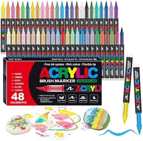 48 Colors Soft Brush Tip Acrylic Markers Set, Paint Pens for Rock, Wood, Fabric, Canvas, Glass, DIY Crafts, Waterproof Paint Markers, Vibrant Acrylic Pens for Artists and Art Projects