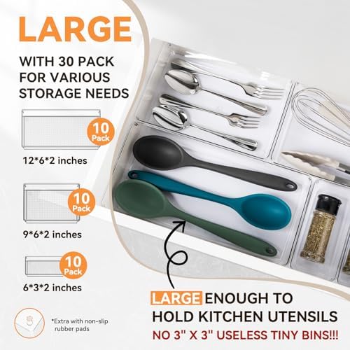 Criusia 30 Pack Large Clear Plastic Drawer Organizer Bins - Acrylic Kitchen Drawer Organization and Storage Dividers for Utensils Gadgets, Office Bathroom and Vanity Organizer for Makeup Accessoires