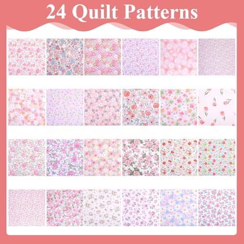 48 Pcs 10 x 10 Inches Pink Floral Cotton Fabric Bundles, Precut Pink Retro Floral Fabric Squares, Spring Quilting Patchwork, Flower Leaves Sewing Fabrics, Assorted Pattern Cloth for DIY Craft Handmade