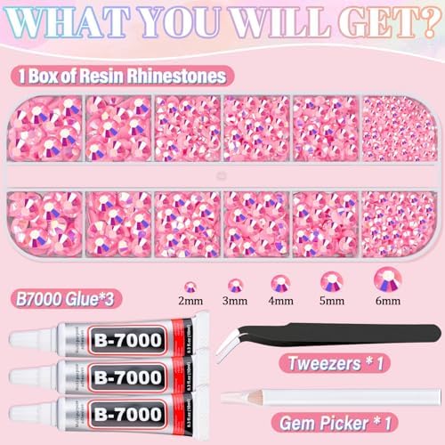 Resin Rhinestones for Crafting with 3Pcs 10ml B7000 Jewelry Glue, 1 Box Pink AB Flatback Gems Crystals Diamond for Bedazzling Crafts DIY Nail Art Makeup, Gems for Clothing Tumblers Shoes
