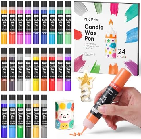 Nicpro Candle Wax Pen, 24 Colors 3D Candle Paint Include Glitter Silver Gold, Safe DIY Candle Making & Painting Kit, Dry Fast Vibrant Colors Wax Paint for Birthday Holidays Wedding Party (1 oz, 30 ml)