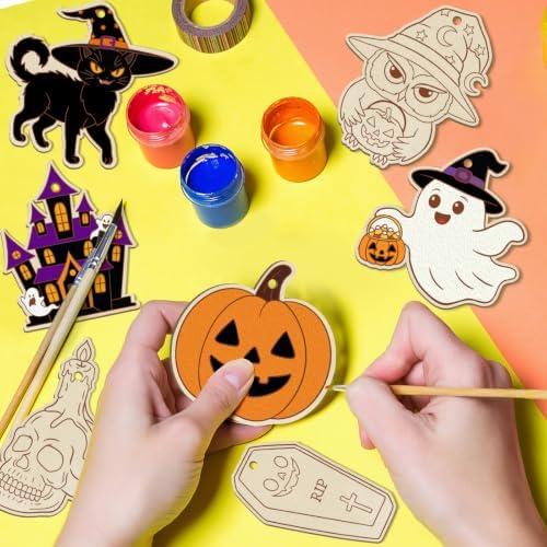 80PCS Wooden Halloween Ornaments to Paint Fall Decorations Crafts for Kids, 10 Styles DIY Blank Autumn Unfinished Skull Pumpkin Ghost Bat Boo Witch Feet Spiderweb Halloween Cutouts for Party Hanging