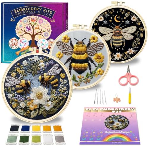 Huacan Embroidery Kit for Adults Beginners with 3 Hoops & Gift Box