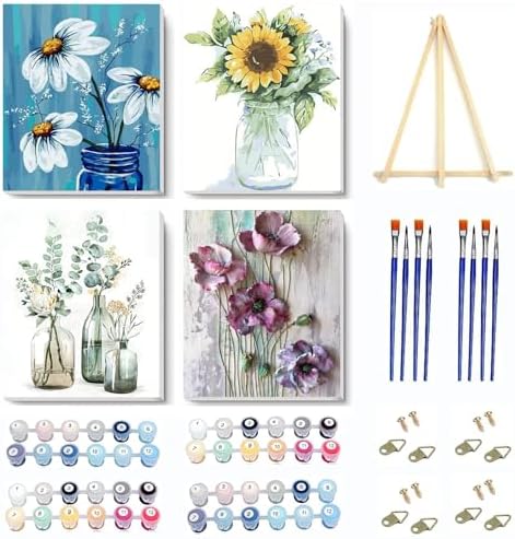 4 Pack paint by numbers kit for adults Framed Canvas with Wooden Easel