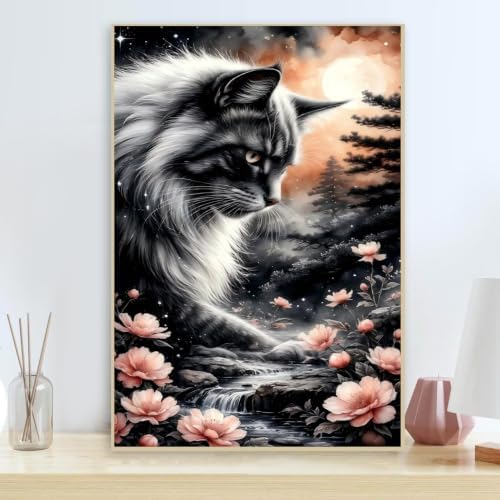 Black Cat DIY Diamond Painting Kits for Adults, Moonlight Stream Diamond Art Kits for Beginners, 5D Cat Full Drill Diamond Dot Painting Gem Art Kits for Home Wall Decor 12 x16 Inch