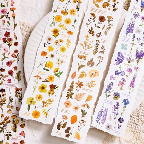 PET Tape Stickers for Journaling 6 Rolls Flower Washi Tape Stickers Decorative Tape for Crafts Scrapbooking Junk Journal Supplies, Endless Flowers