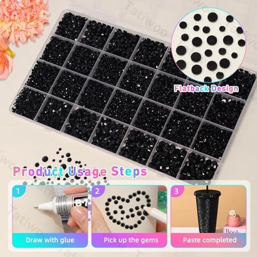 Black Jelly Resin Rhinestones 2-6mm, 28Grid Flatback Kit for Bedazzling Kit