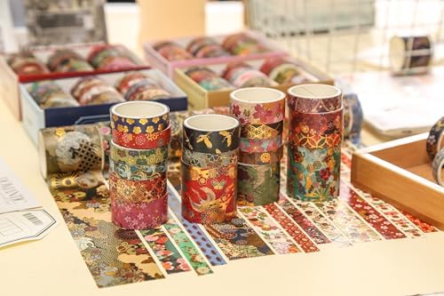 15 Rolls Japanese Sakura Washi Tape Set, Traditional Kimono Decorative Masking Tapes with Gold Foil, Cherry Blossom Arts for Craft, Scrapbook, DIY, Gift Wrapping (3-Autumn Bloom Banquet)