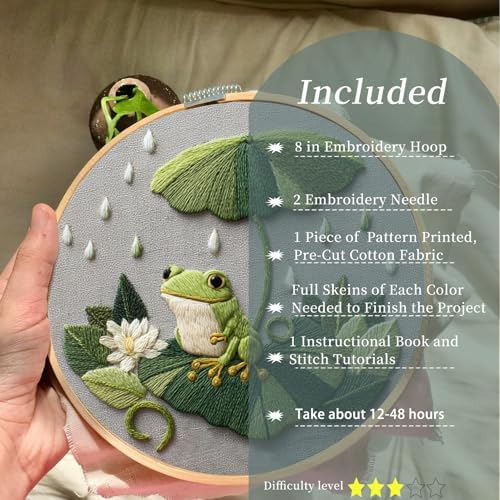 FONNUY Embroidery Kit for Beginners - Frog Under Lotus Leaf DIY Cross Stitch Set, Pre-Printed Fabric with 8’’ Hoop, Cute Rainy Day Art Craft for Adults, Home Decor & Handmade Gift (Green 02)