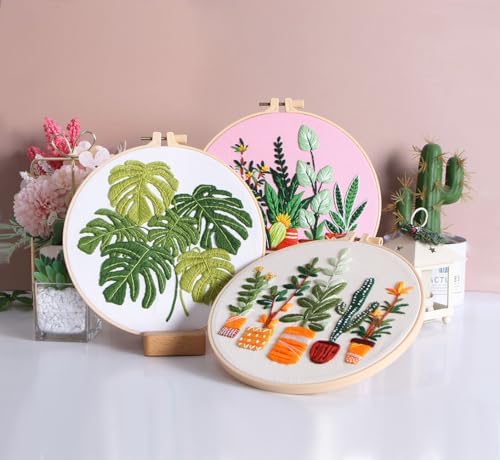 Konrisa Embroidery Kits for Adults Beginner, European Style Garden Plant Green Leaf Stamped Embroidery Starter Kit,DIY Sewing Practice, Needlepoint Cross Stitch Kit,Set of 3
