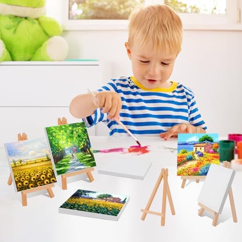 20 Pack Mini Stretched Canvas with Wooden Easel, 4x4 Inch, Art Primed Canvases for Kids Painting, Acrylic Pouring, Oil Paint & Wet Art Media