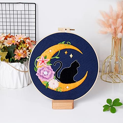 Louise Maelys Cat Moon Embroidery Kit for Beginners Floral DIY Craft Set