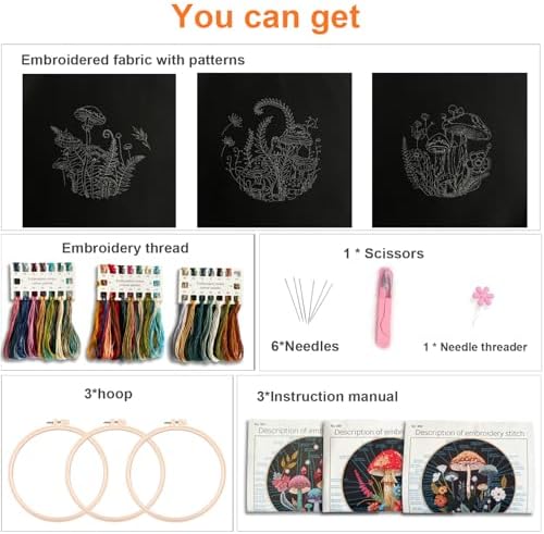 Myfelicity Embroidery Kit with Mushroom Patterns, 3 Hoops, Fabric, Threads, Needles, Instructions (red)