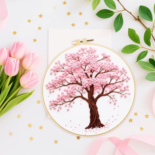 ORIGACH 5 Pcs Seasonal Tree Embroidery Kit for Beginners, Stamped Design Embroidery Starter Kit Includes Cloth, Hoops, Threads & Needles