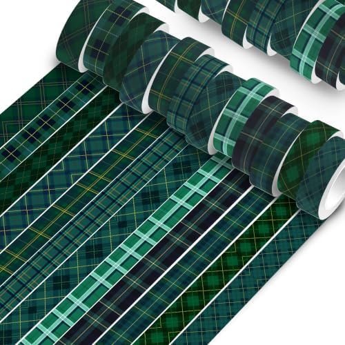Green Plaid Washi Tape Set - 12 Rolls Decorative Masking Tape for Journal