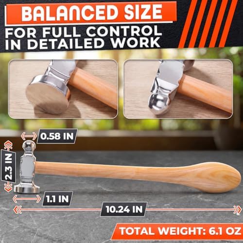 Chasing Hammer for Jewelry Making, Two-Sided, 10 Inch Wooden Handle