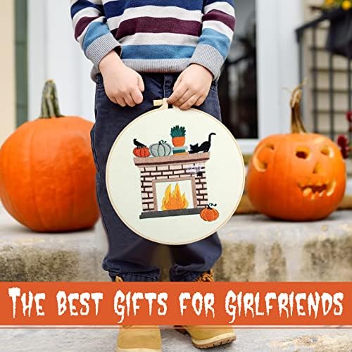Yuxung 5 Sets Embroidery Kit for Beginners Adult Fall Thanksgiving Embroidery with Pumpkin Maple Leaf Pattern DIY Starter Needlepoint Kit with Embroidery Hoop Thread Needle for Halloween Craft Lover