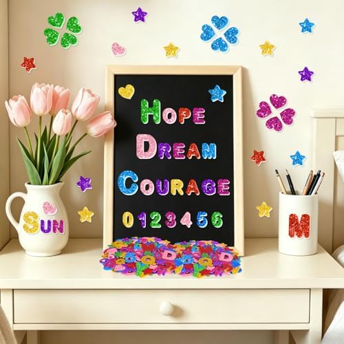 616 PCS Glitter Foam Letter Stickers,Foam Alphabet Number Stickers,8 Colors