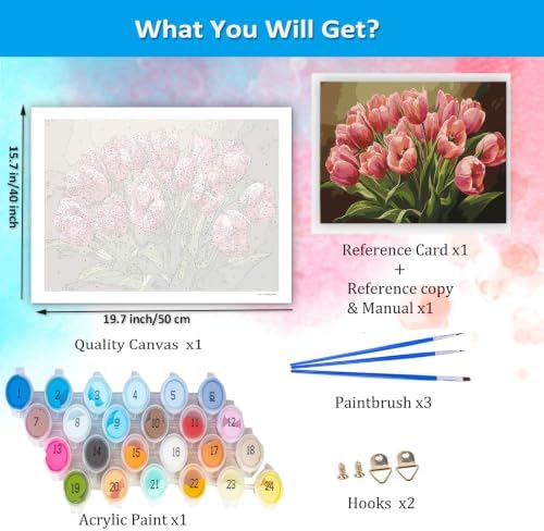 Artunion Pink Tulip Flower Paint by Numbers Kit for Adults,Pink Flower Paint by Number Kits, DIY Oil Painting Paint by Number Kits on Canvas Arts Craft for Home Wall Decor 16x20 Inch
