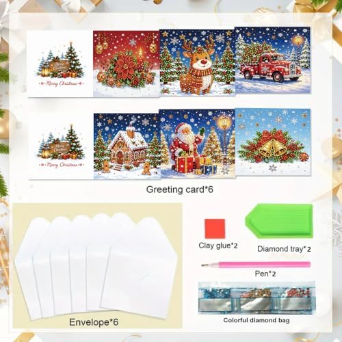 6Pcs Christmas Greeting Card DIY Diamond Art Painting Blessing Folding Card Kit for Adults Beginners with White Envelopes and Tools for Holiday Xmas Arts Crafts Gift-Christmas04