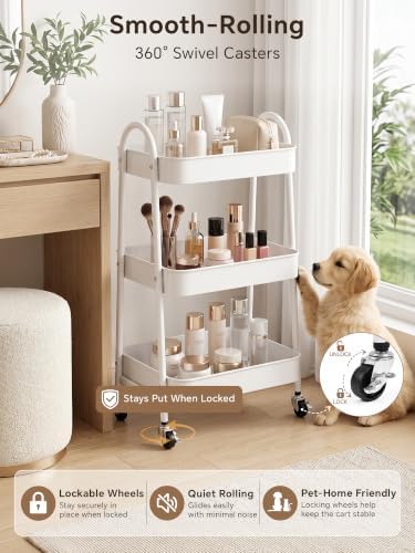 Booklov Rolling Makeup Cart Organizer, 3 Tier Utility Storage Cart, White