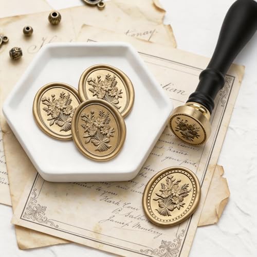 UNIQOOO 3D Relief Wax Seal Stamp, Vintage Frame Bouquet Botanical Brass Head with Wood Handle, Aesthetic Floral Sealer for Wedding Invitations, DIY, Gift Wrapping, Envelopes, Christmas Cards