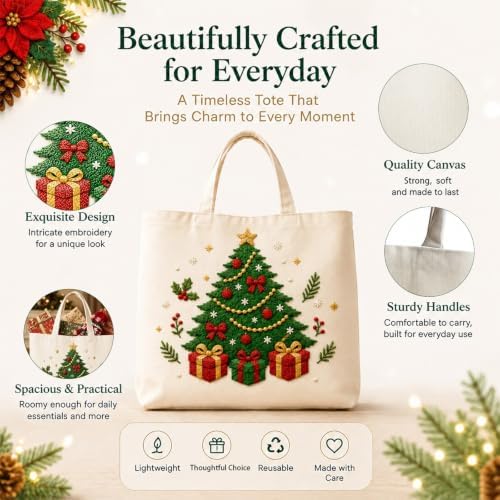 ARTopet Embroidery Tote Bag Kit for Beginners Christmas Canvas Cross Stitch Handbag with Hoops Needles Threads Reusable Grocery Bag for Women-Christmas Tree