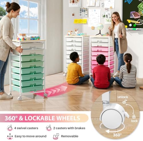 Goovilla Rolling Cart with 8 Drawers for Art, Dorm, Office, Craft, Pink