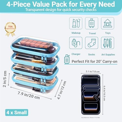 YQBRAO Clear Hard Shell Zipper Cases, 4 Small Cable Organizers, Blue