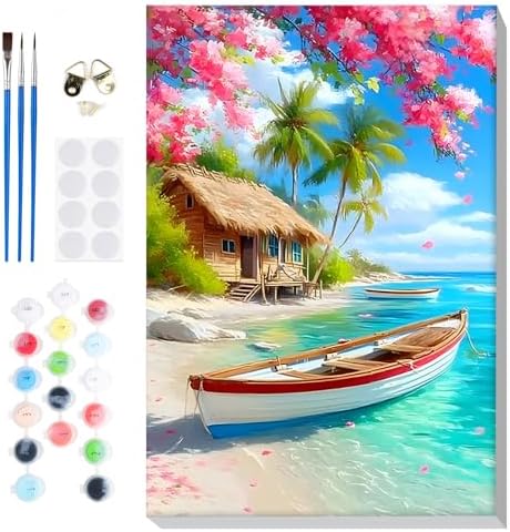 Bowetile Framed Landscape Paint by Numbers Kit for Adults, Adults' Paint-by-Number Kits on Canvas, Painting by Numbers Seaside, Acrylic Boat Number Painting for Home Wall Decor, 8x12in