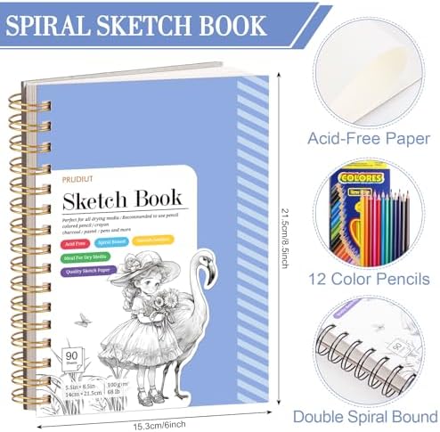 5.5×8.5In Sketch Book for Kids, 100gsm Spiral Sketchbook for Drawing, Blue | 90 Sheets Acid-Free Drawing Paper with Pencils, Tear-Out Pages, for Drawing & Sketching, idea for Back-to-School Gifts