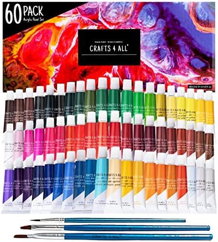 Crafts 4 All Acrylic Paint Set for Adults and Artists - 60 Pack of 12mL Paints with 3 Art Brushes, Non-Toxic Craft Paint for Easter Eggs, Ceramic Rock - Art Supplies