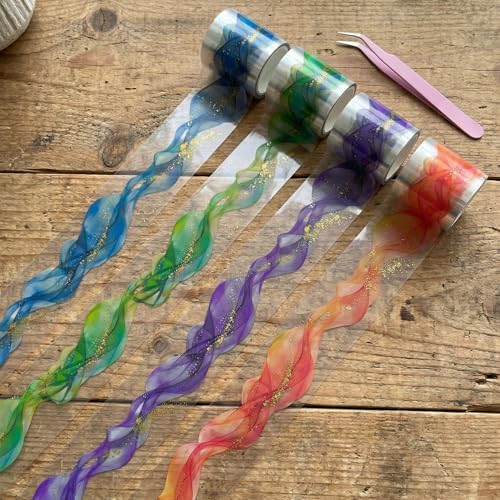 4 Rolls Aesthetic PET Tape for Journaling with Tweezers Dreamy Ribbon Scrapbooking Washi Tape Set Stickers Waterproof Transparent Sparkling Foil DIY Planner Crafts