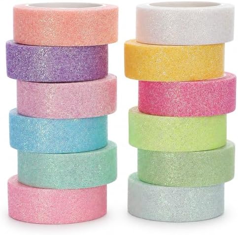 TIESOME 12 Rolls Glitter Washi Tape Set,15mm Macaron Cute Colored Tape