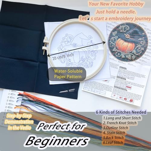 FONNUY Pumpkin Embroidery Kit for Beginners, Pre-Stamped Pattern Kits for Adults with Hoop, Easy to Follow Color Thread Needlework, 8'' Hoop (Witch Hat 4)