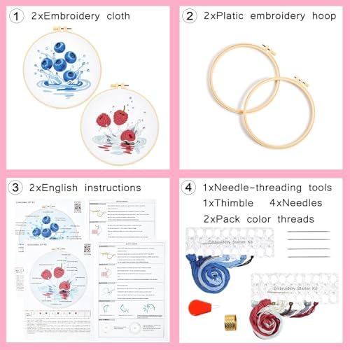 Armindou 2Set Embroidery Kits with Fruit Pattern for Beginners Adults, Hand Embroidery Needlepoint DIY Kits, Stamped Cross Stitch Kits for Beginners Adult, 2 Embroidery Hoops (Attached Video Tutorial)