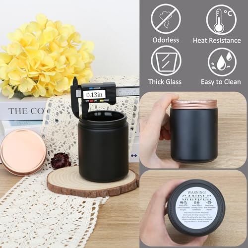 MILIVIXAY 20 Pack 8 OZ Thick Glass Matte Black Candle Jars with Rose Gold Lid-Bulk Empty Candle Jars for Making Candles-Canning Jar for Spice, Liquid, Sample- Dishwasher Safe.