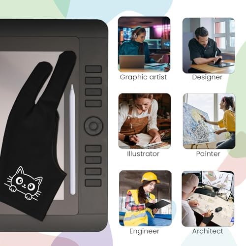 Cute Kitty Drawing Glove: 3-Layer Palm Rejection for iPad & Drawing Tablet | Smooth-Glide & Breathable Artist Glove for Digital Art, Two-Finger Design, Fits Left & Right Hand, 2-Pack + Cleaning Cloth