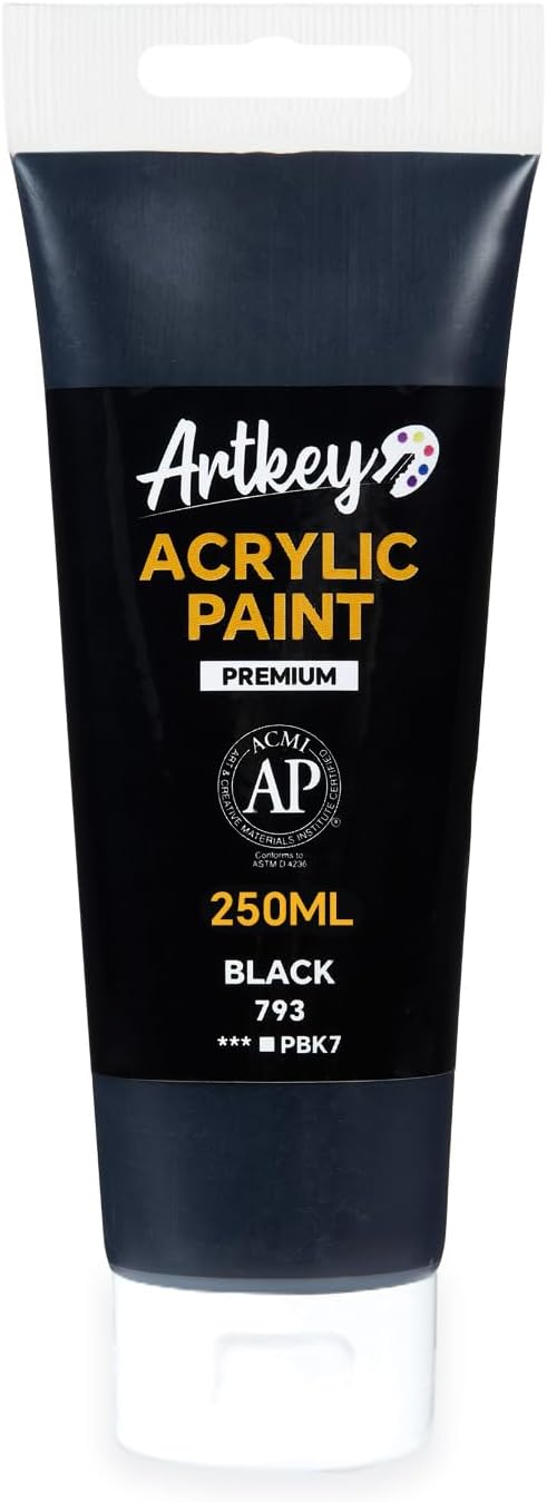Artkey Acrylic Paint - Black (250 ml/8.45 oz) Tubes, Rich & Vibrant Pigments, Professional Artists Acrylic Paints - Art Supplies for Canvas Wood Rock Clay Fabric Ceramics Art Crafts Painting