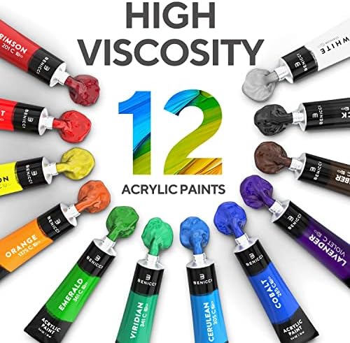 Complete Acrylic Paint Set – 12х Rich Pigment Colors & 6x Art Brushes - Includes 3 Paint Canvases, Palette Knife & Sponge - Perfect for Canvas, Clay, Ceramic - Non-Toxic, Great for Kids & Adults