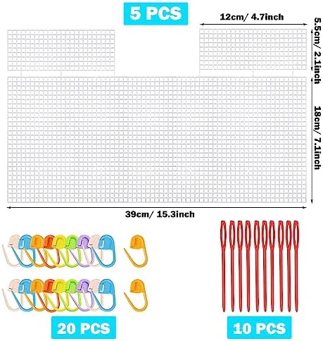 Allazone 39 PCS Clear Plastic Mesh Canvas Sheets for Embroidery, Plastic Canvas Plastic Mesh Sheets with 2 Color Acrylic Yarn for DIY Sewing Bag