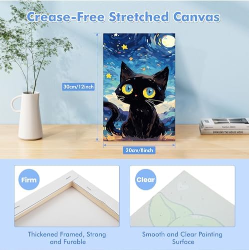 Bowetile Starry Night Cat Paint by Numbers for Adults Beginners Framed, Easy Adults' Paint-by-Number Kits, Adult Paint by Number Kits on Canvas, Acrylic Number Painting for Home Decor, 8x12in
